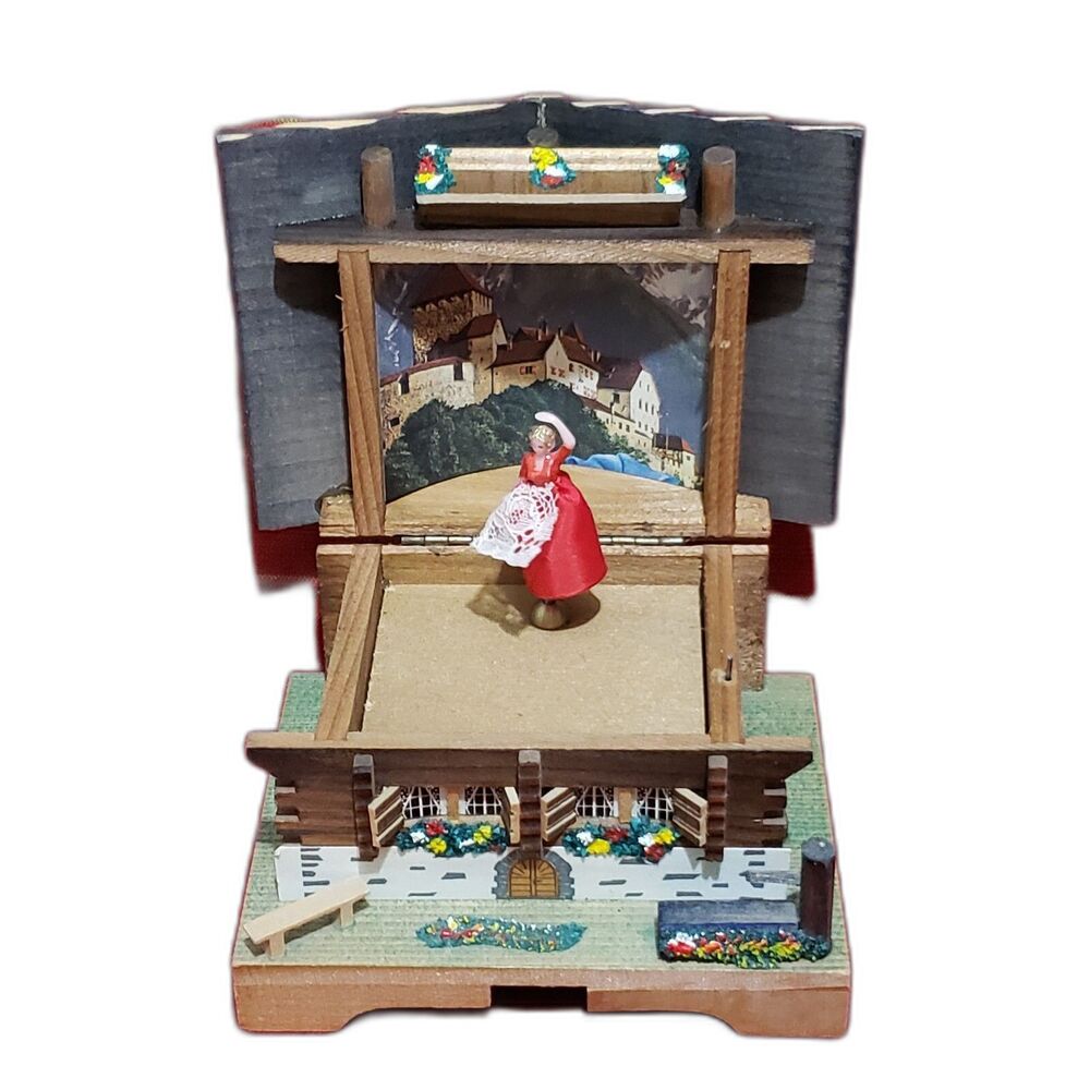 Swiss Cottage/Cabin Music Movement Box Pretty Blue Danube Woman In Red Dancing